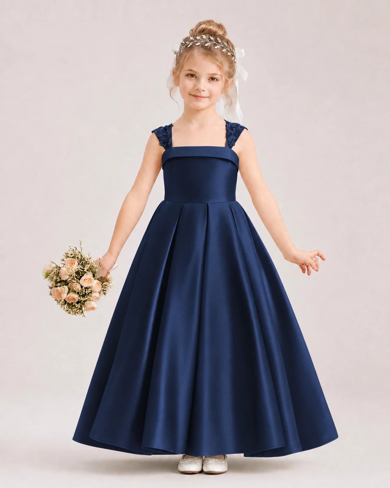 Dideyttawl Pleated Satin Flower Girl Dress with Lace Straps and Big Back Bow