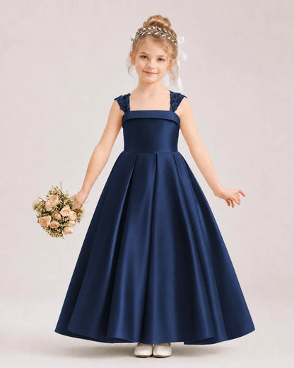Dideyttawl Pleated Satin Flower Girl Dress with Lace Straps and Big Back Bow