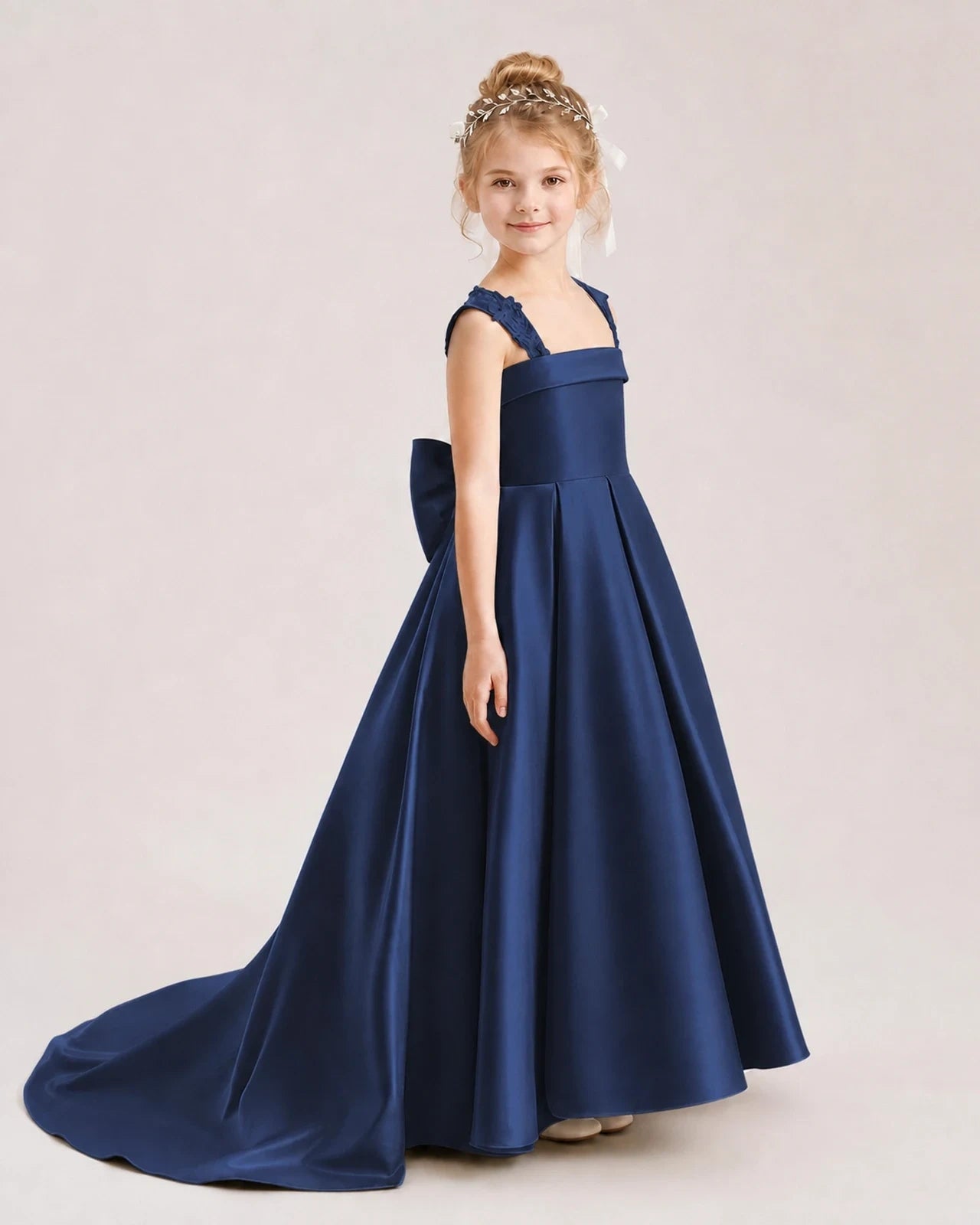 Dideyttawl Pleated Satin Flower Girl Dress with Lace Straps and Big Back Bow
