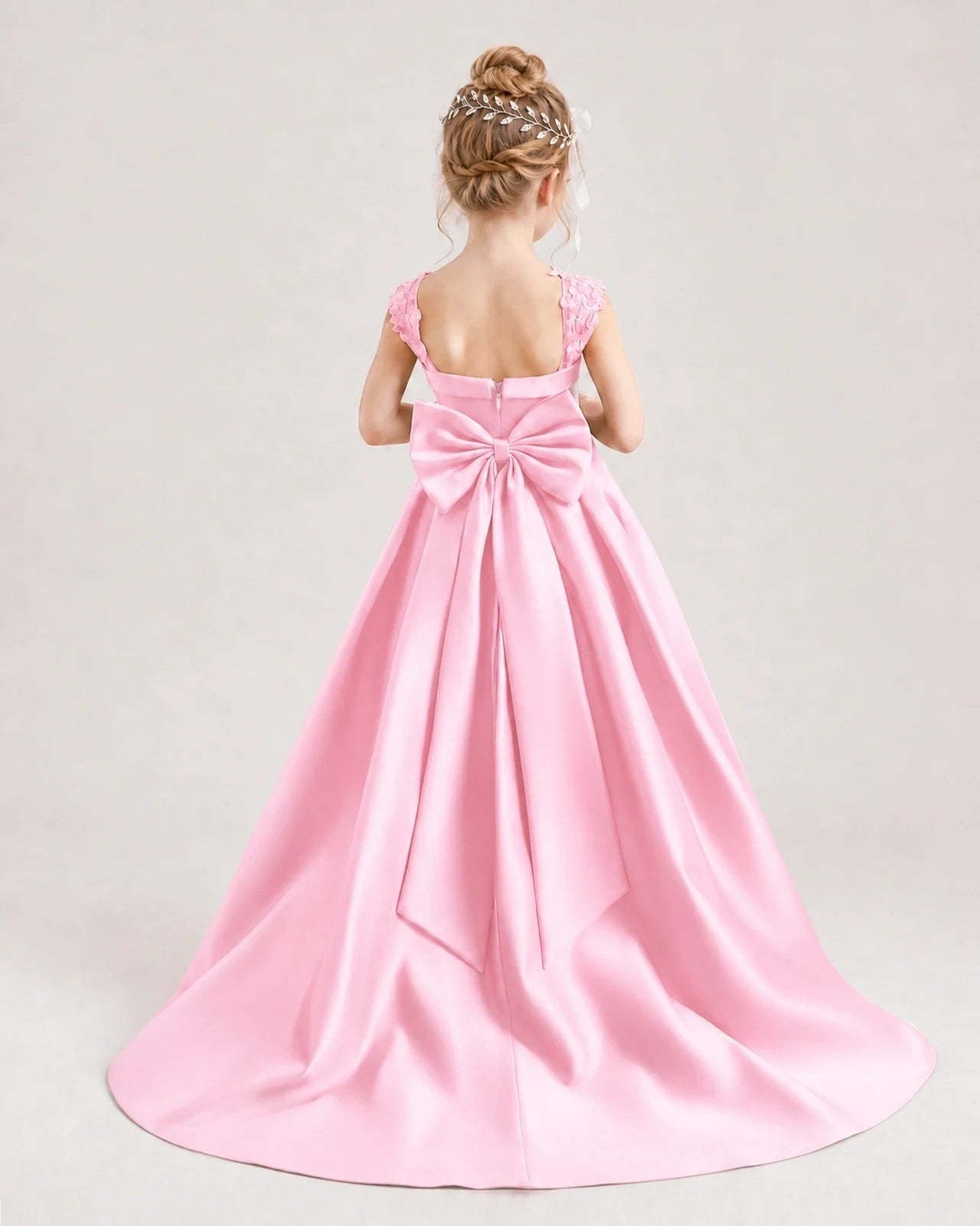 Dideyttawl Pleated Satin Flower Girl Dress with Lace Straps and Big Back Bow