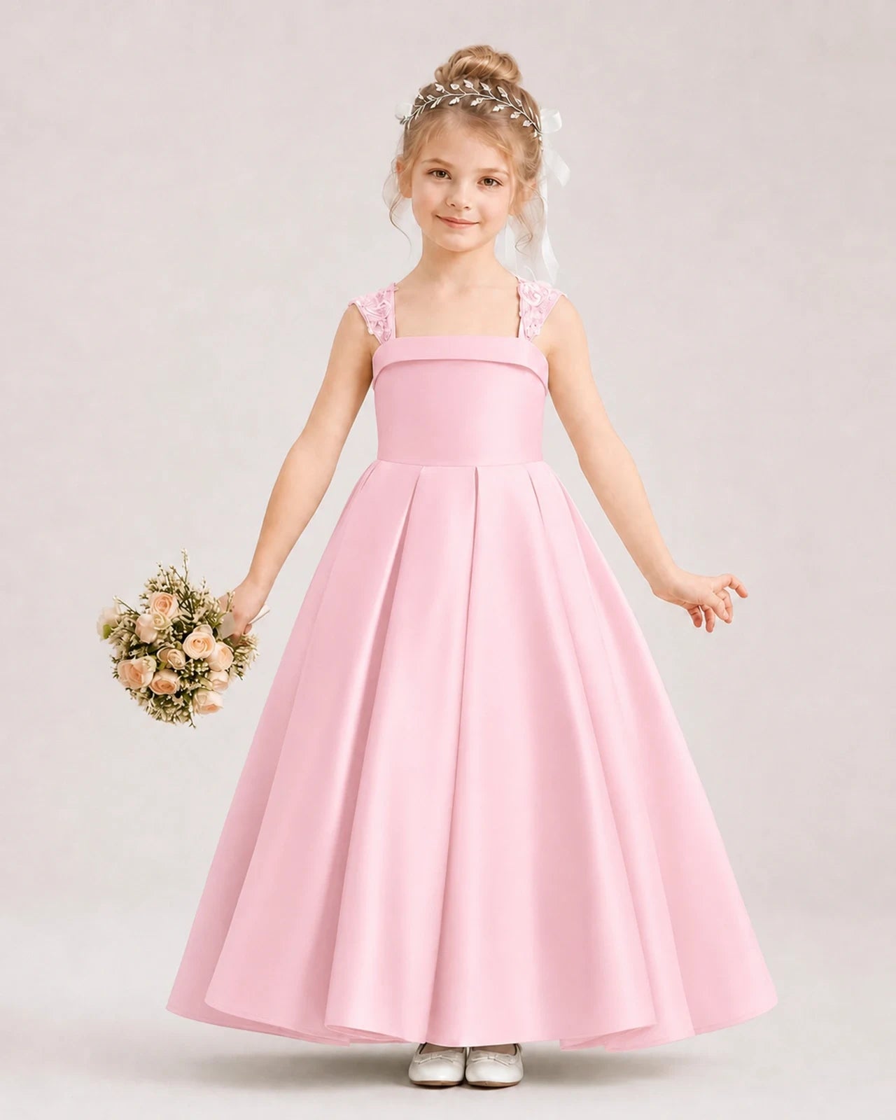 Dideyttawl Pleated Satin Flower Girl Dress with Lace Straps and Big Back Bow