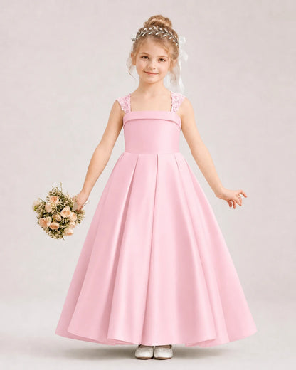 Dideyttawl Pleated Satin Flower Girl Dress with Lace Straps and Big Back Bow