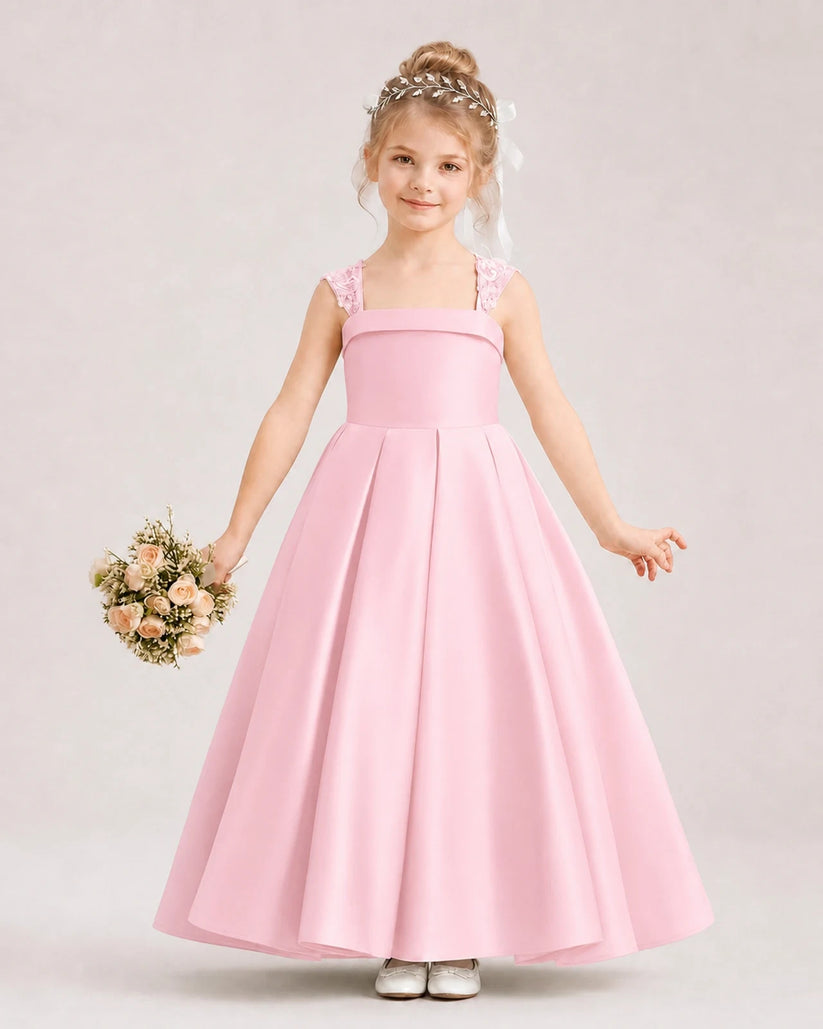 Pink Satin Pleated Flower Girl Dresses Front View