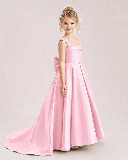 Dideyttawl Pleated Satin Flower Girl Dress with Lace Straps and Big Back Bow