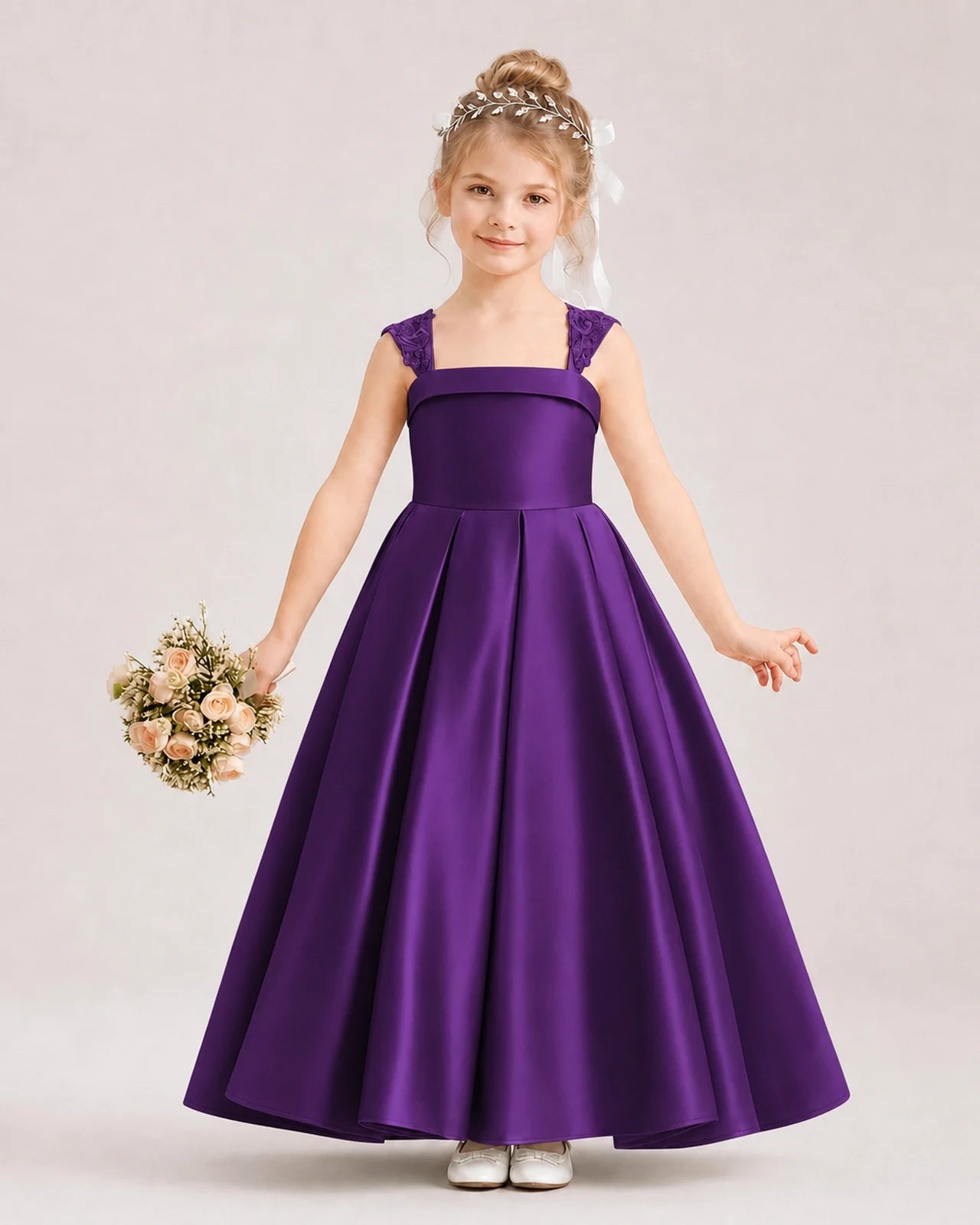 Dideyttawl Pleated Satin Flower Girl Dress with Lace Straps and Big Back Bow