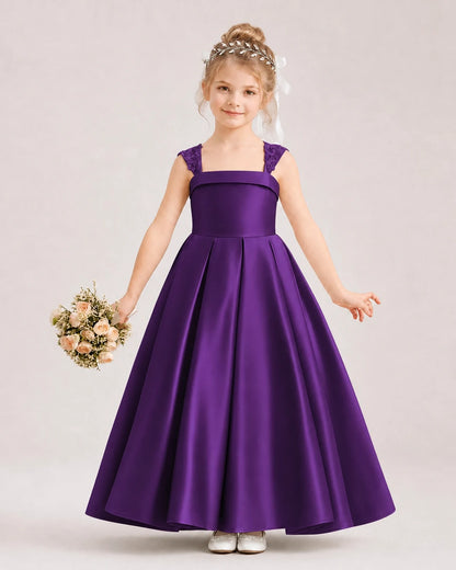 Dideyttawl Pleated Satin Flower Girl Dress with Lace Straps and Big Back Bow