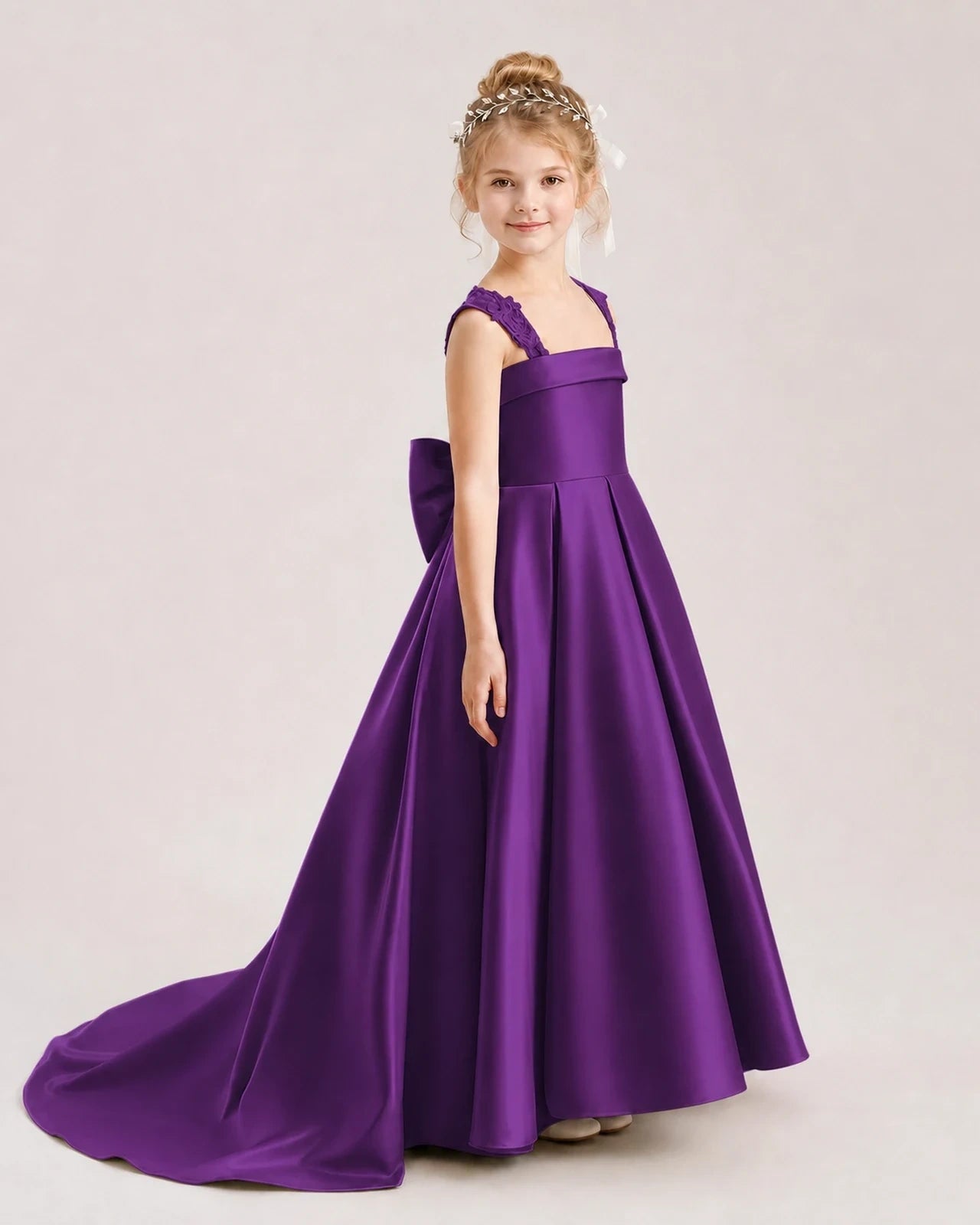 Dideyttawl Pleated Satin Flower Girl Dress with Lace Straps and Big Back Bow