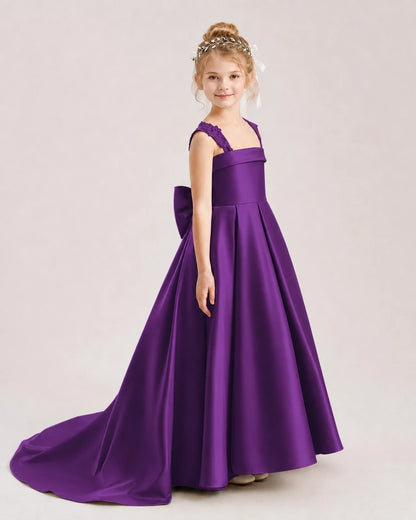 Dideyttawl Pleated Satin Flower Girl Dress with Lace Straps and Big Back Bow