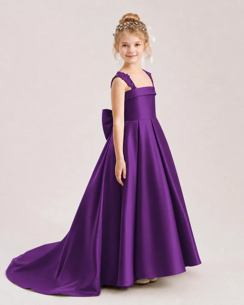 Purple satin A-line flower girl dress, Side View