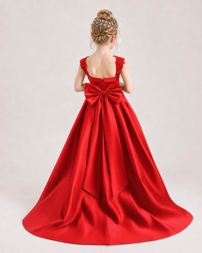 Dideyttawl Pleated Satin Flower Girl Dress with Lace Straps and Big Back Bow