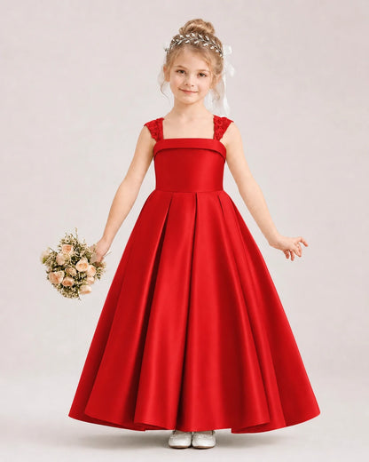 Dideyttawl Pleated Satin Flower Girl Dress with Lace Straps and Big Back Bow