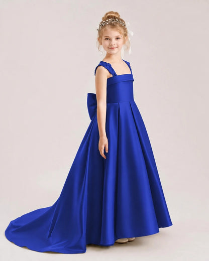 Dideyttawl Pleated Satin Flower Girl Dress with Lace Straps and Big Back Bow