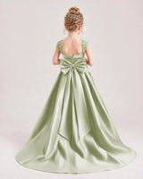 Sage Green Satin Bow Back Flower Girl Dress Back View