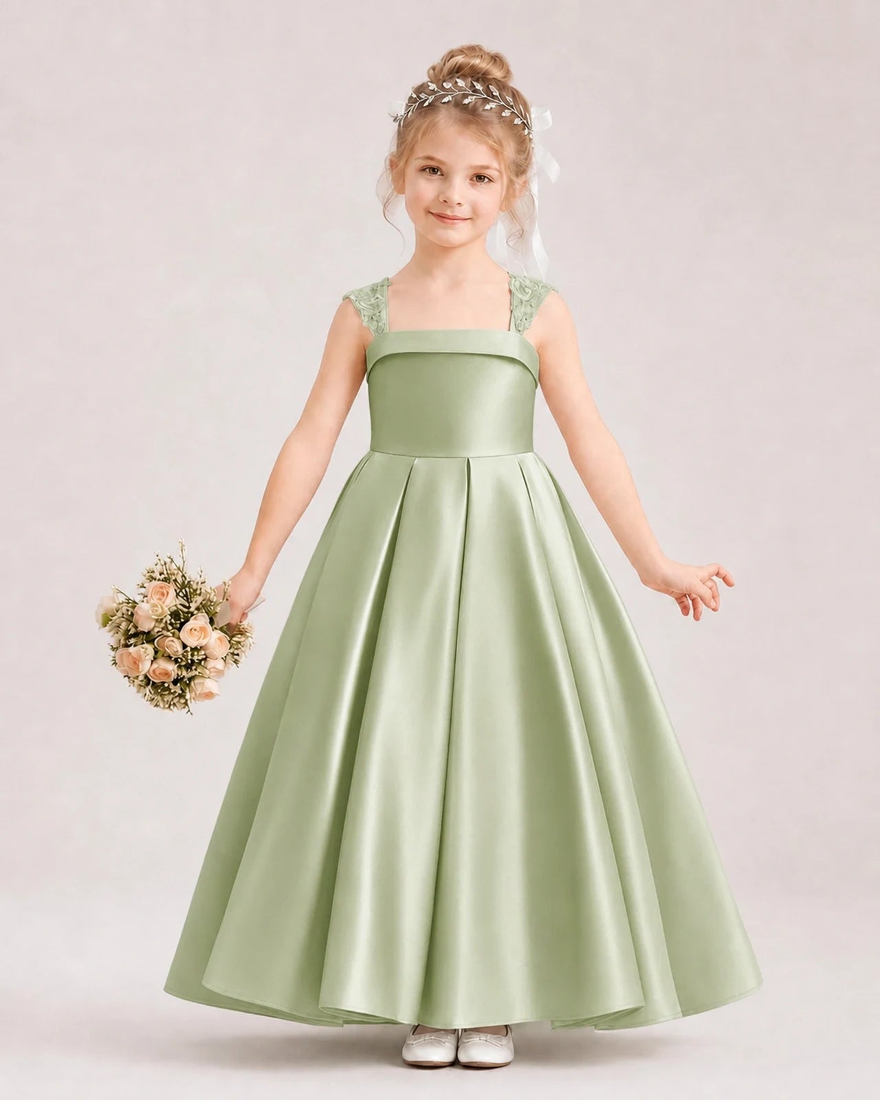 Dideyttawl Pleated Satin Flower Girl Dress with Lace Straps and Big Back Bow