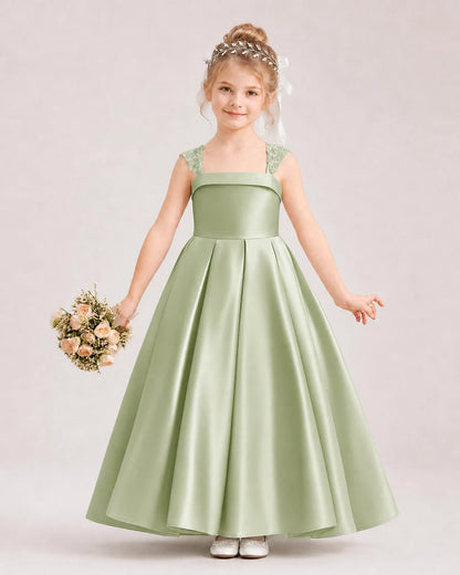 Dideyttawl Pleated Satin Flower Girl Dress with Lace Straps and Big Back Bow