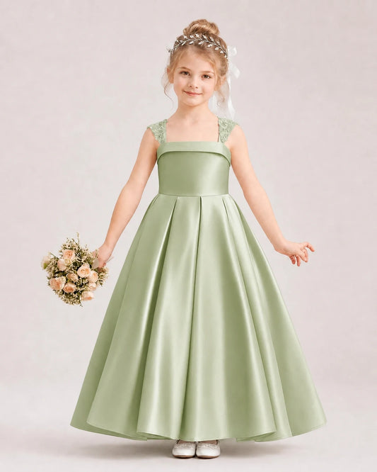 Sage green satin A-line flower girl dress Front View