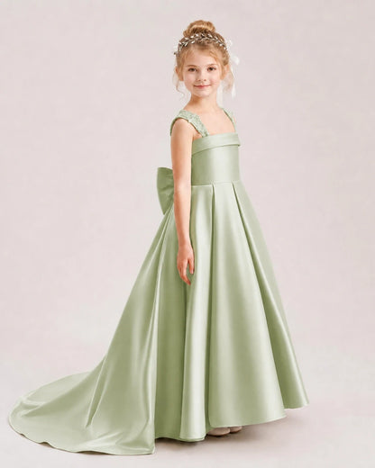 Dideyttawl Pleated Satin Flower Girl Dress with Lace Straps and Big Back Bow