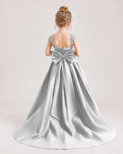 Dideyttawl Pleated Satin Flower Girl Dress with Lace Straps and Big Back Bow