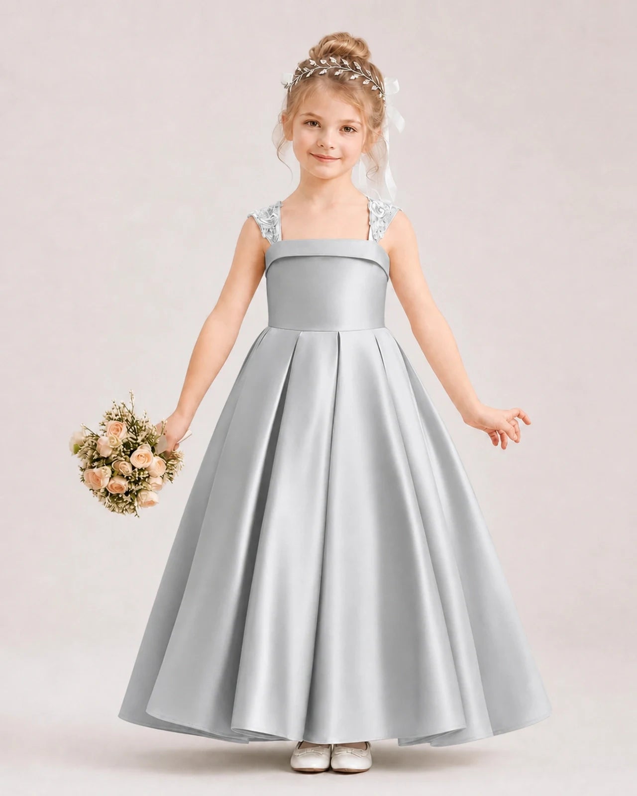 Dideyttawl Pleated Satin Flower Girl Dress with Lace Straps and Big Back Bow