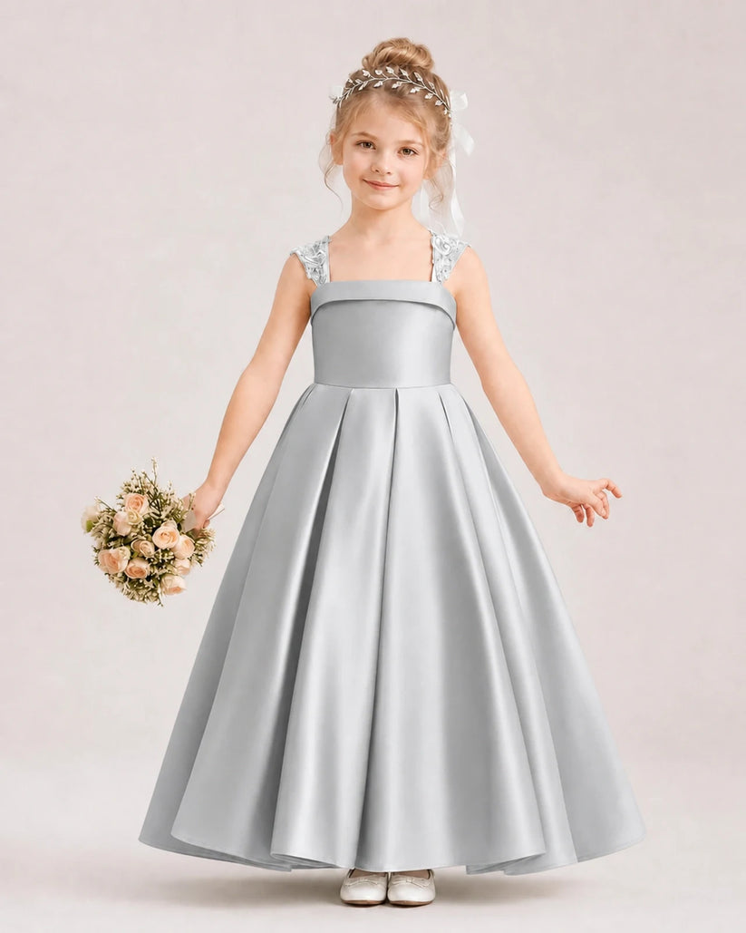 Silver Satin A-Line Flower Girl Dresses Front View