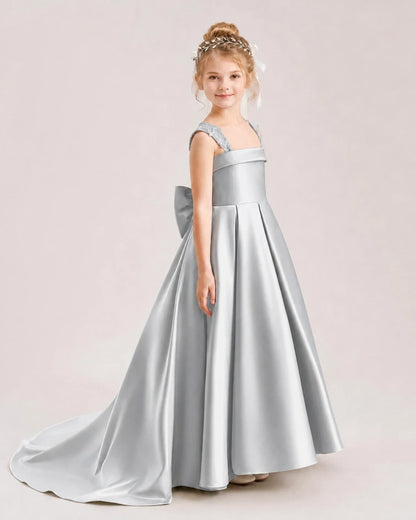 Dideyttawl Pleated Satin Flower Girl Dress with Lace Straps and Big Back Bow