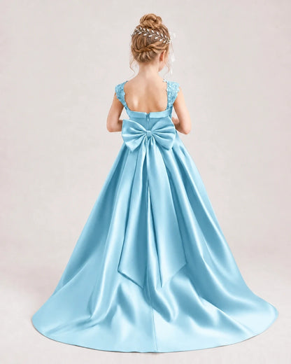 Dideyttawl Pleated Satin Flower Girl Dress with Lace Straps and Big Back Bow