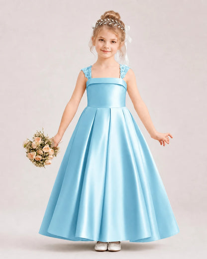 Dideyttawl Pleated Satin Flower Girl Dress with Lace Straps and Big Back Bow