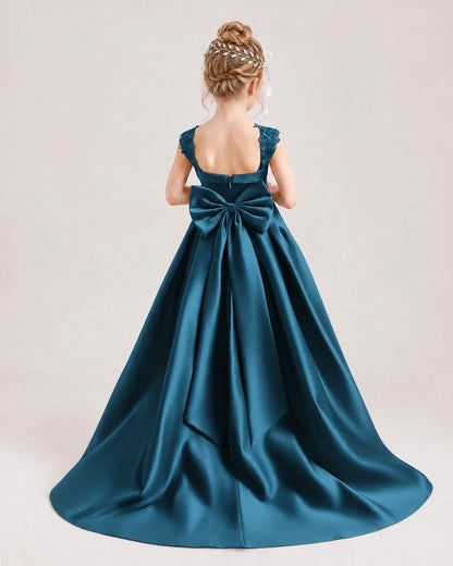 Dideyttawl Pleated Satin Flower Girl Dress with Lace Straps and Big Back Bow