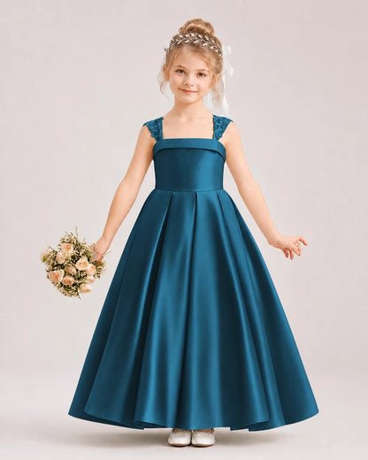 Dideyttawl Pleated Satin Flower Girl Dress with Lace Straps and Big Back Bow