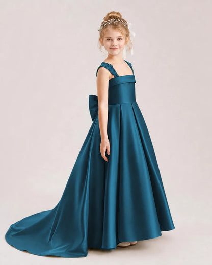 Dideyttawl Pleated Satin Flower Girl Dress with Lace Straps and Big Back Bow
