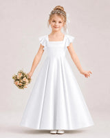 White Satin Flutter Sleeve Flower Girl Dress Front View