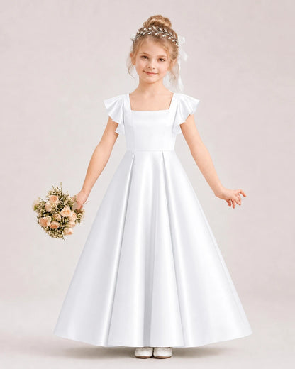 Dideyttawl Pleated Satin Flower Girl Dress with Lace Straps and Big Back Bow