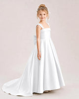 White Satin A-Line Flower Girl Dresses Side View