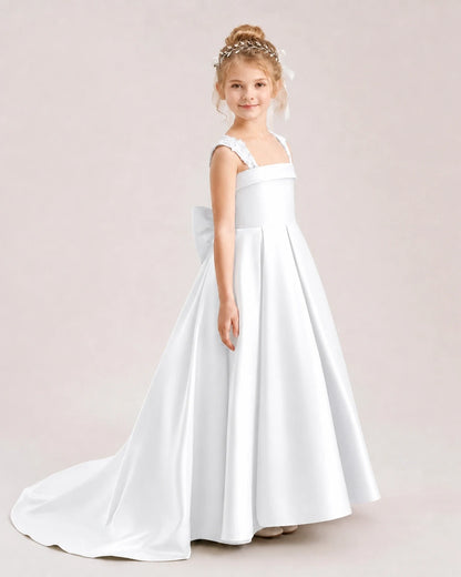 Dideyttawl Pleated Satin Flower Girl Dress with Lace Straps and Big Back Bow