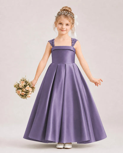 Dideyttawl Pleated Satin Flower Girl Dress with Lace Straps and Big Back Bow
