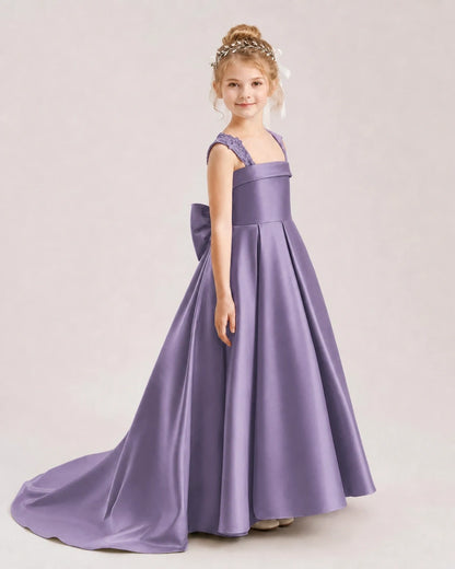 Dideyttawl Pleated Satin Flower Girl Dress with Lace Straps and Big Back Bow