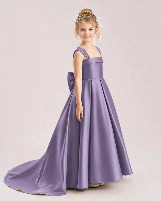 Dideyttawl Pleated Satin Flower Girl Dress with Lace Straps and Big Back Bow