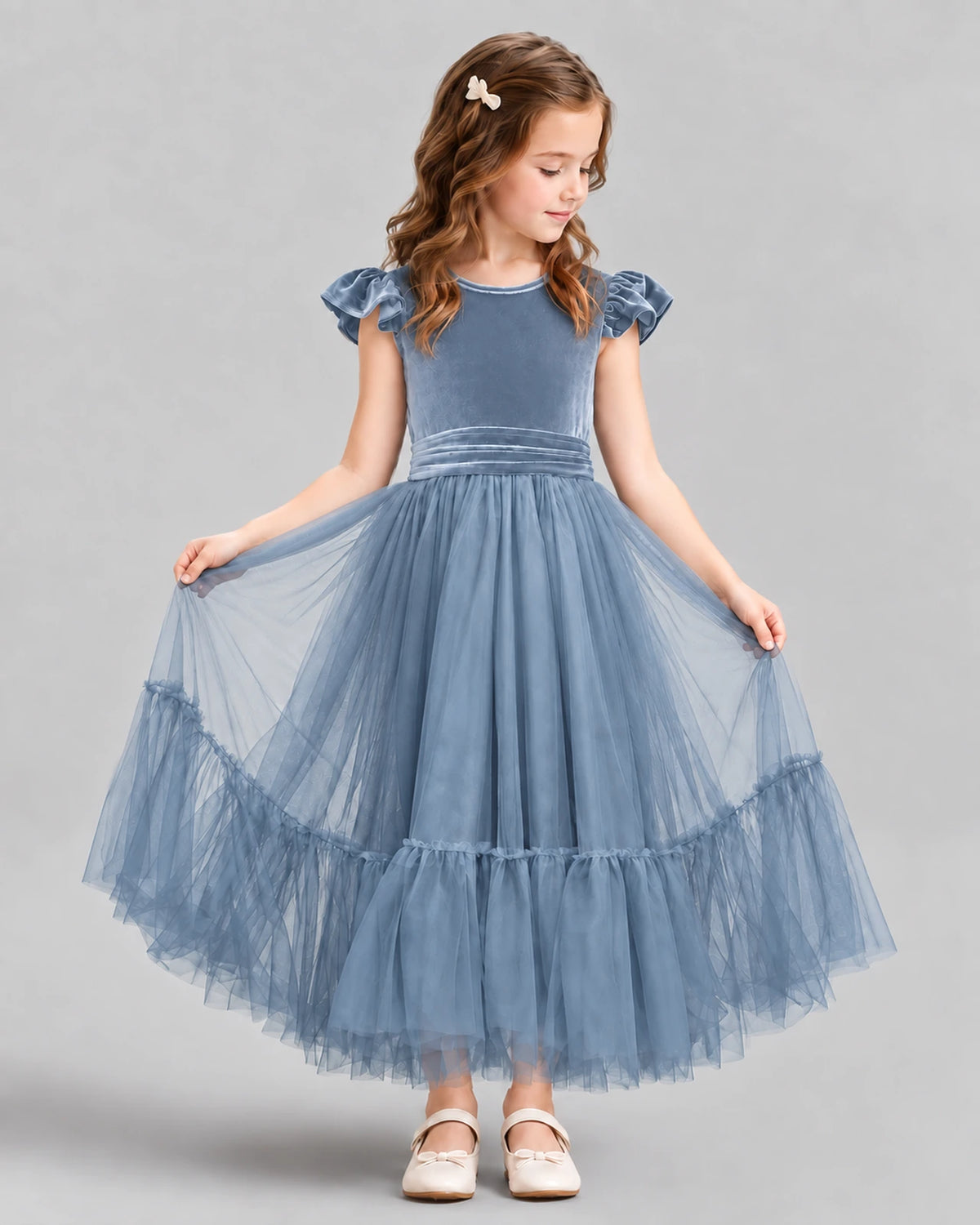 Dusty Blue Ball Gown Junior Bridesmaid Dresses Front