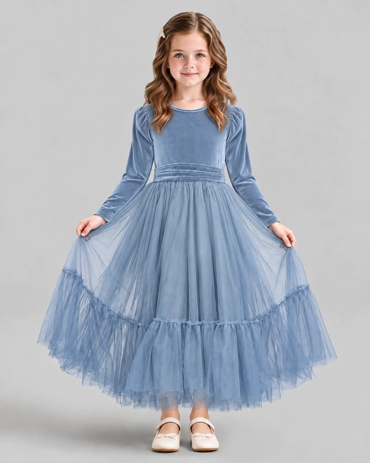 Dusty Blue Ball Gown Girls Formal Dress Front