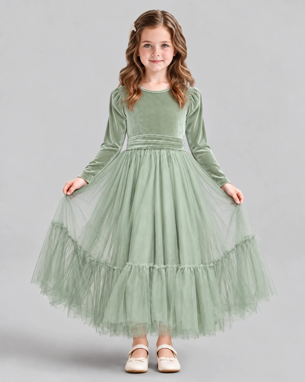 Sage Green Ball Gown Girls Formal Dress Front