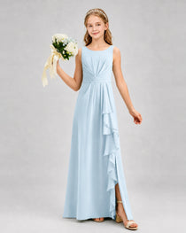 Baby Blue Junior Bridesmaid Dress Pleated Bodice Ruffle Slit Chiffon Floor-Length Gown Front View