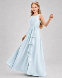 Baby Blue Junior Bridesmaid Dress Pleated Bodice Ruffle Slit Chiffon Floor-Length Gown Front View