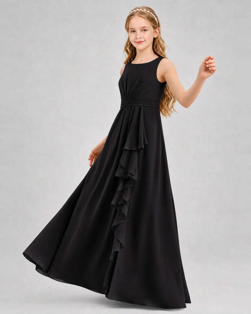 Black Chiffon A-line Junior Bridesmaid Dress Front View
