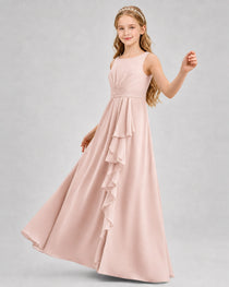 Blush Pink Junior Bridesmaid Dress Pleated Bodice Ruffle Slit Chiffon Floor-Length Gown Front View