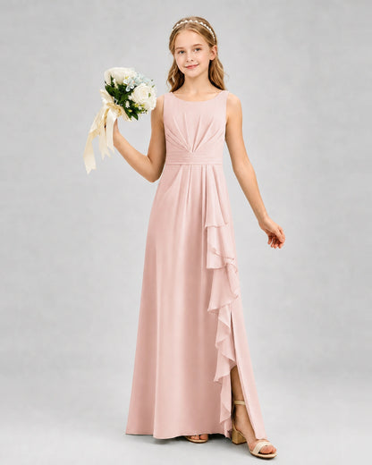 Blush Pink Junior Bridesmaid Dress Pleated Bodice Ruffle Slit Chiffon Floor-Length Gown Front View