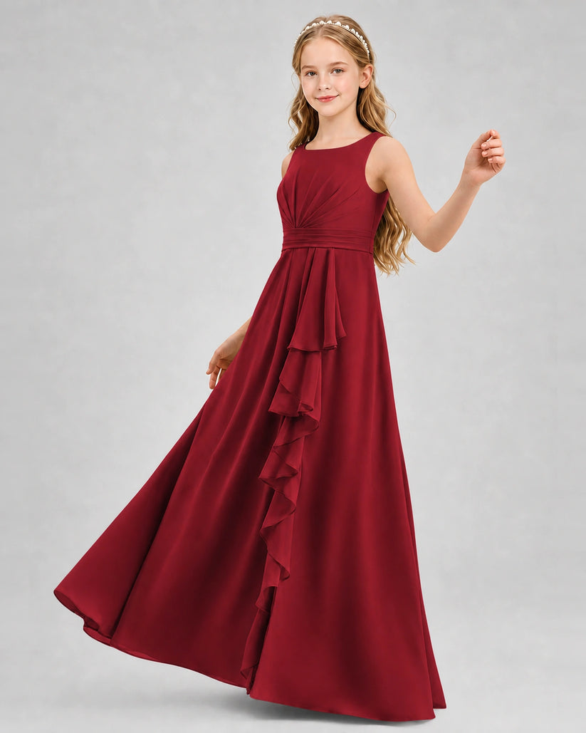 Burgundy Chiffon A-line Junior Bridesmaid Dress Front View