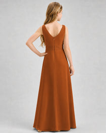 Burnt Orange Junior Bridesmaid Dress Pleated Bodice Ruffle Slit Chiffon Floor-Length Gown Back View