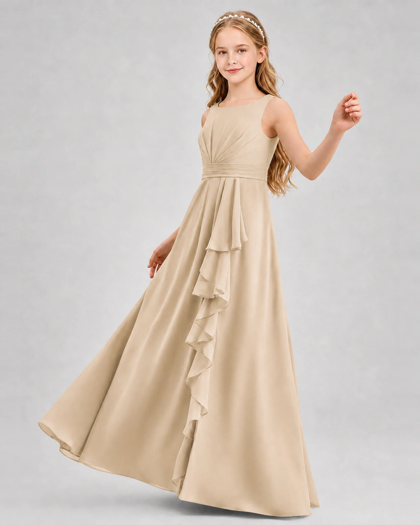 Champagne Chiffon A-line Junior Bridesmaid Dress Front View