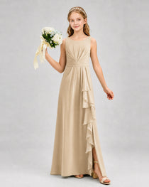 Champagne Junior Bridesmaid Dress Pleated Bodice Ruffle Slit Chiffon Floor-Length Gown Front View