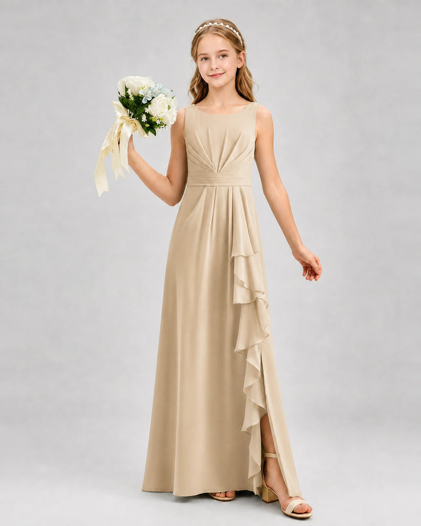 Champagne Chiffon A-line Junior Bridesmaid Dress Front View